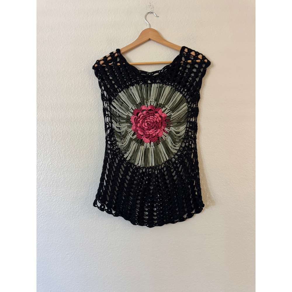 VTG Unbranded Crochet Tank Top 3D Floral Medallion Mesh Boho Small Black Pinkโ